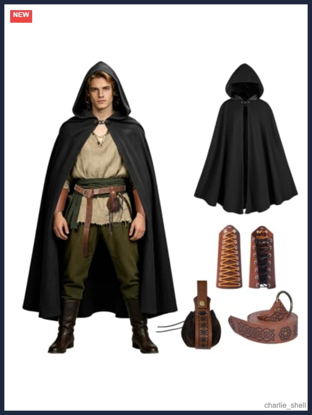 Medieval Hooded Cloak Renaissance Cape Unisex Viking Costume with Belts Bags